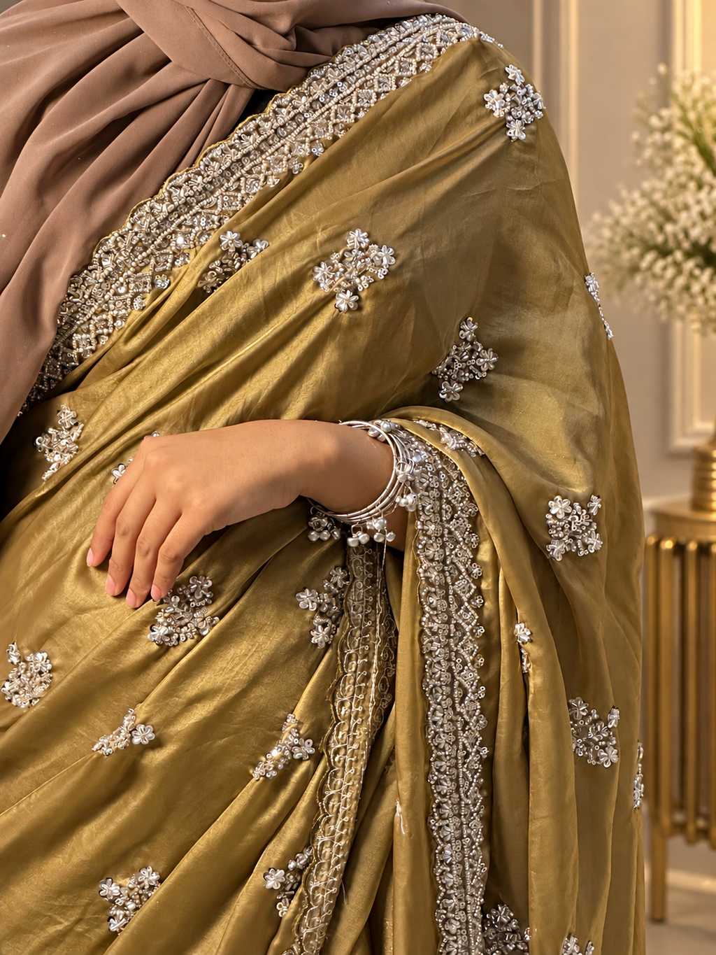 Noor —Olive gold Fandy silk cut Dana embellishments