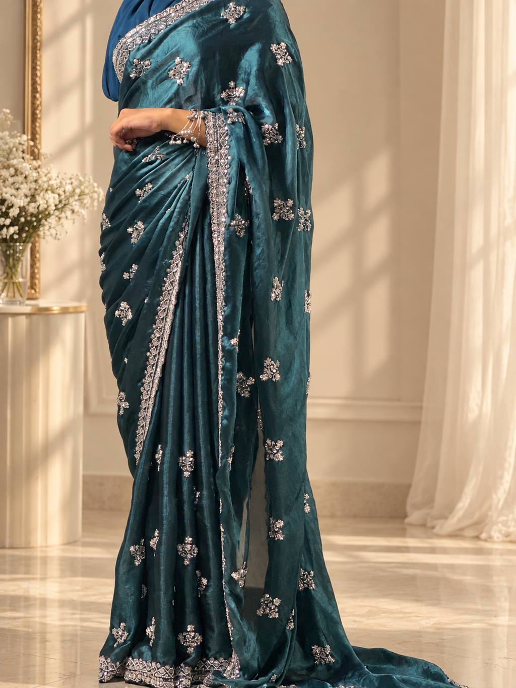 Noor — Deep Teal Fandy silk Cut Dana embellishment