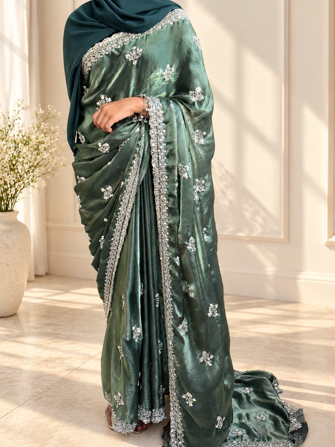 Noor — Olive Green Fandy silk Cut Dana embellishments