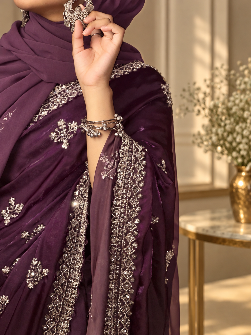 Noor — Royal Plum Fandy silk Cut Dana embellishments