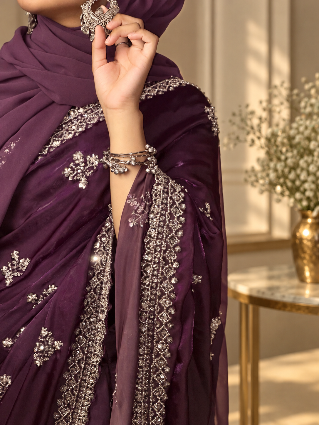 Noor — Royal Plum Fandy silk Cut Dana embellishments