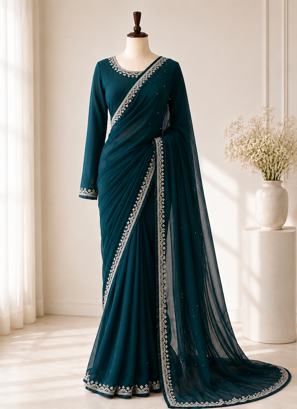Sitara — Deep Green Hand-Embellished Saree