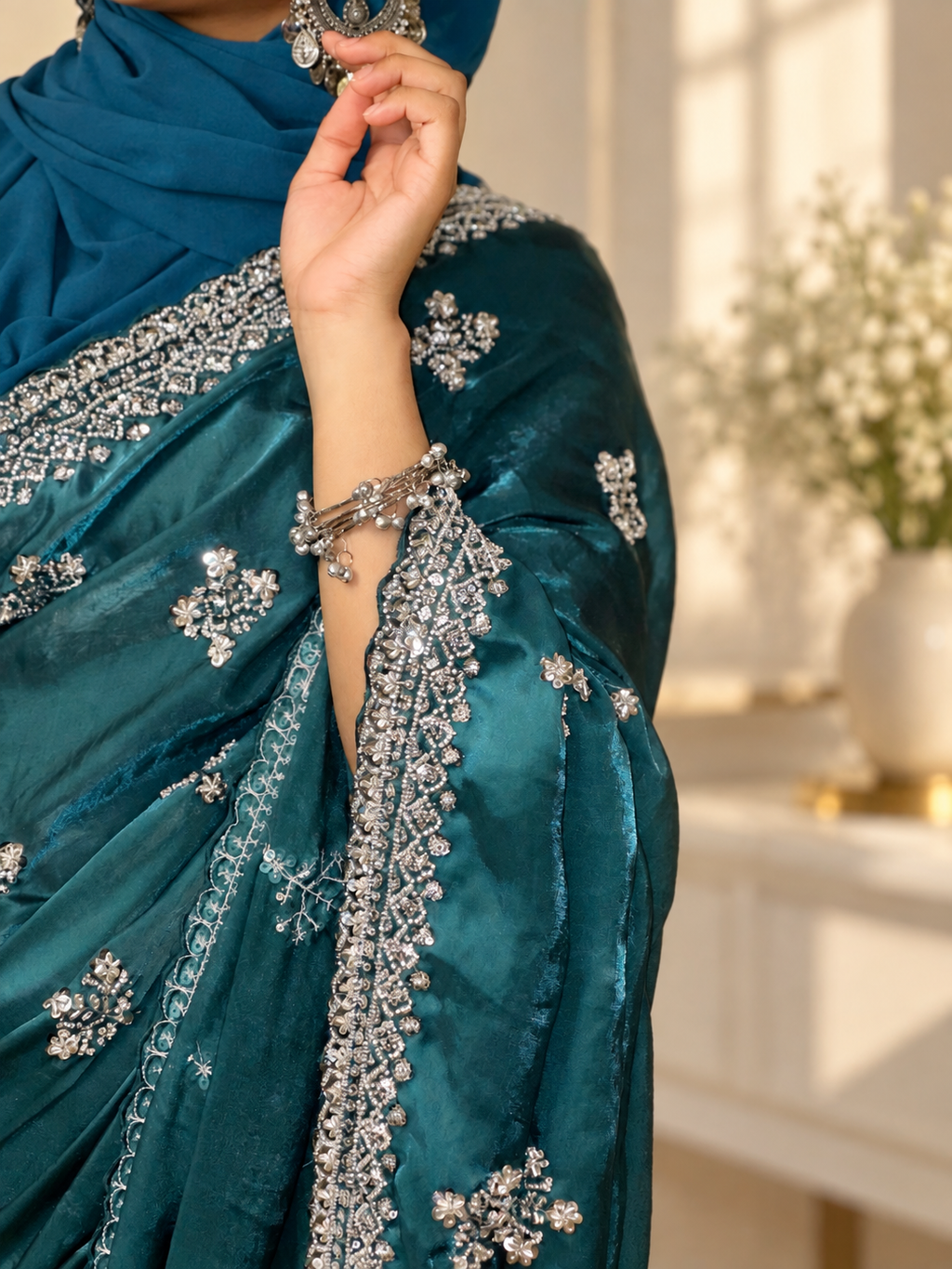 Noor — Deep Teal Fandy silk Cut Dana embellishment