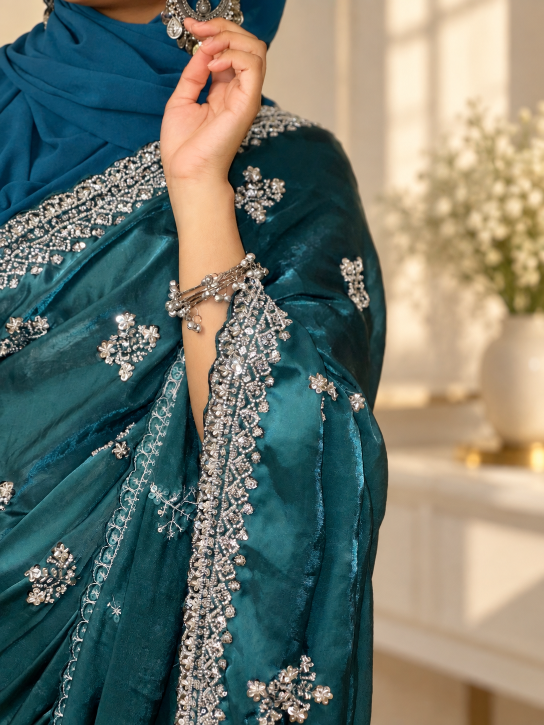 Noor — Deep Teal Fandy silk Cut Dana embellishment