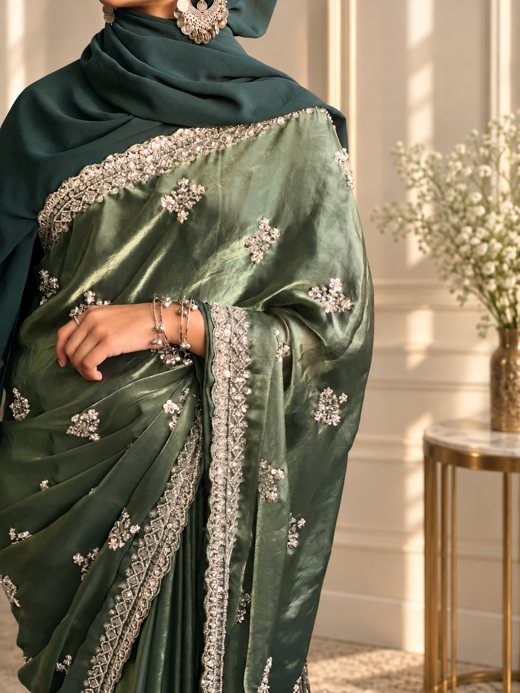 Noor — Olive Green Fandy silk Cut Dana embellishments