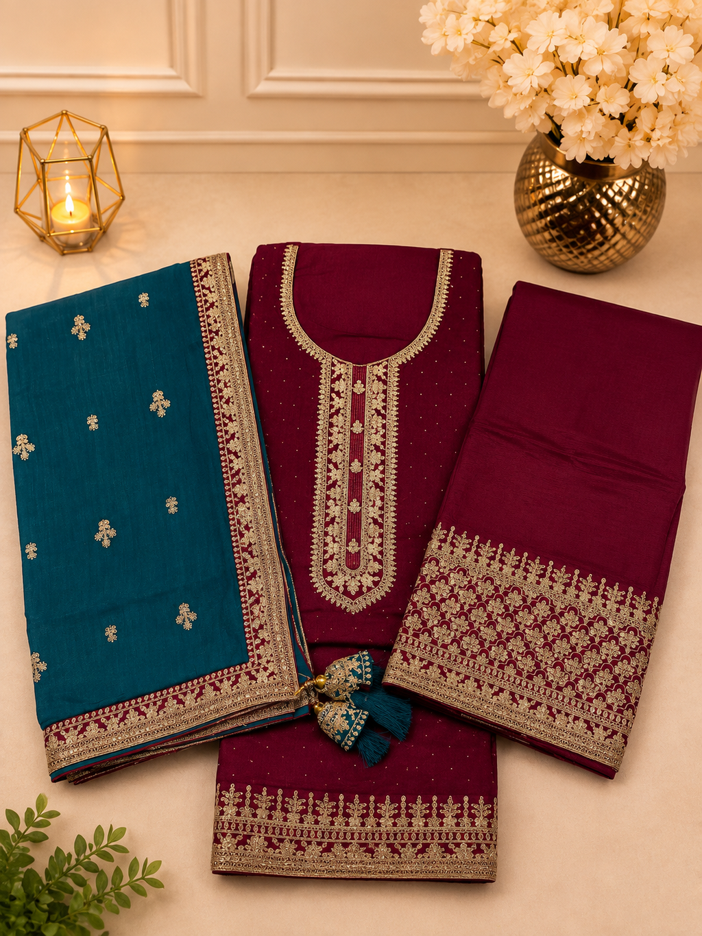 Divine (Deep Burgundy) 3-Piece Embroidered