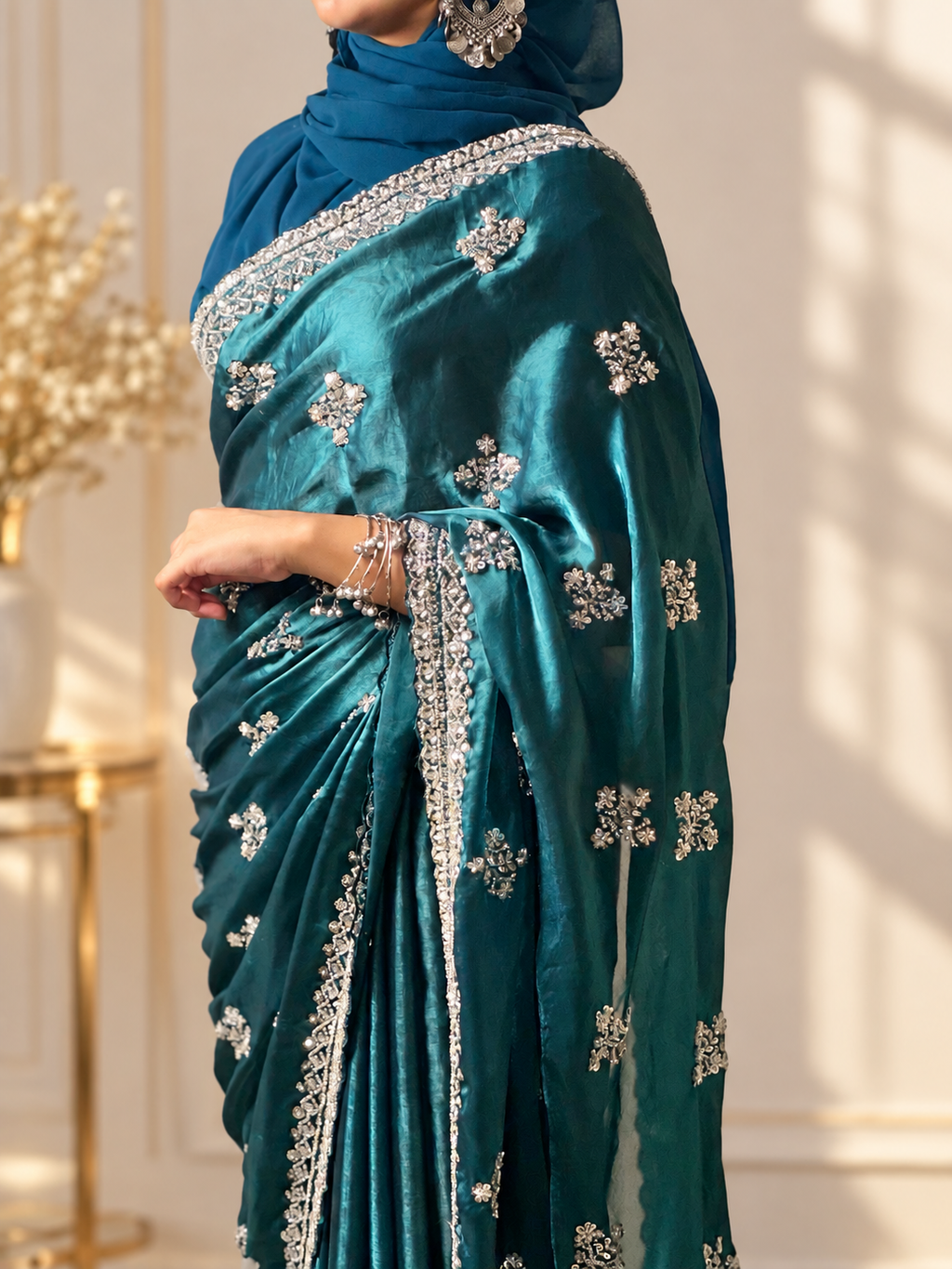 Noor — Deep Teal Fandy silk Cut Dana embellishment