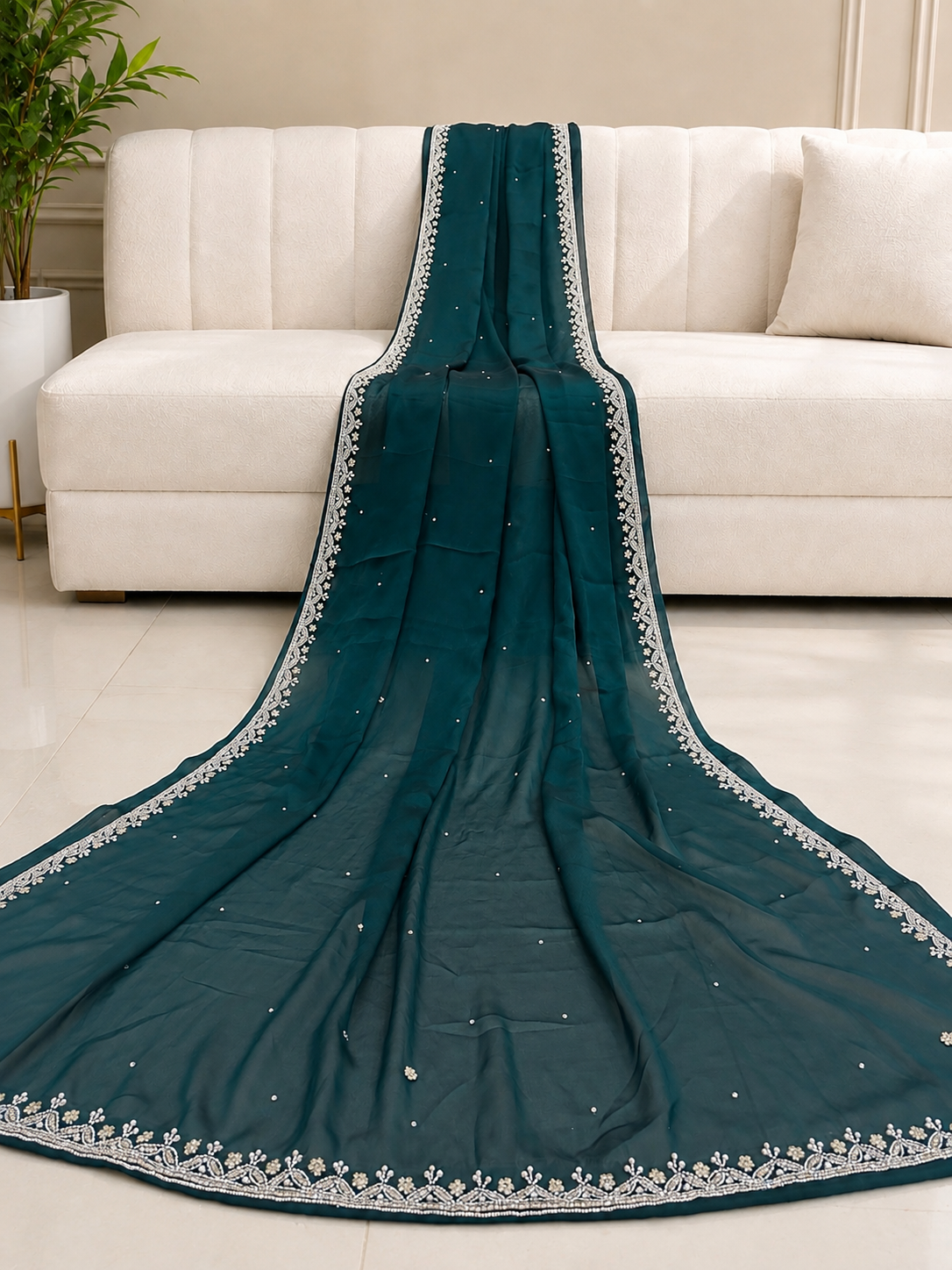 Sitara — Deep Green Hand-Embellished Saree