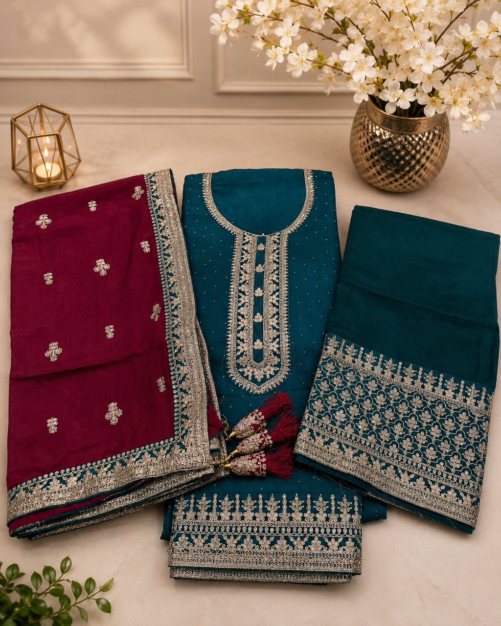 Divine (Teal) 3-Piece Embroidered