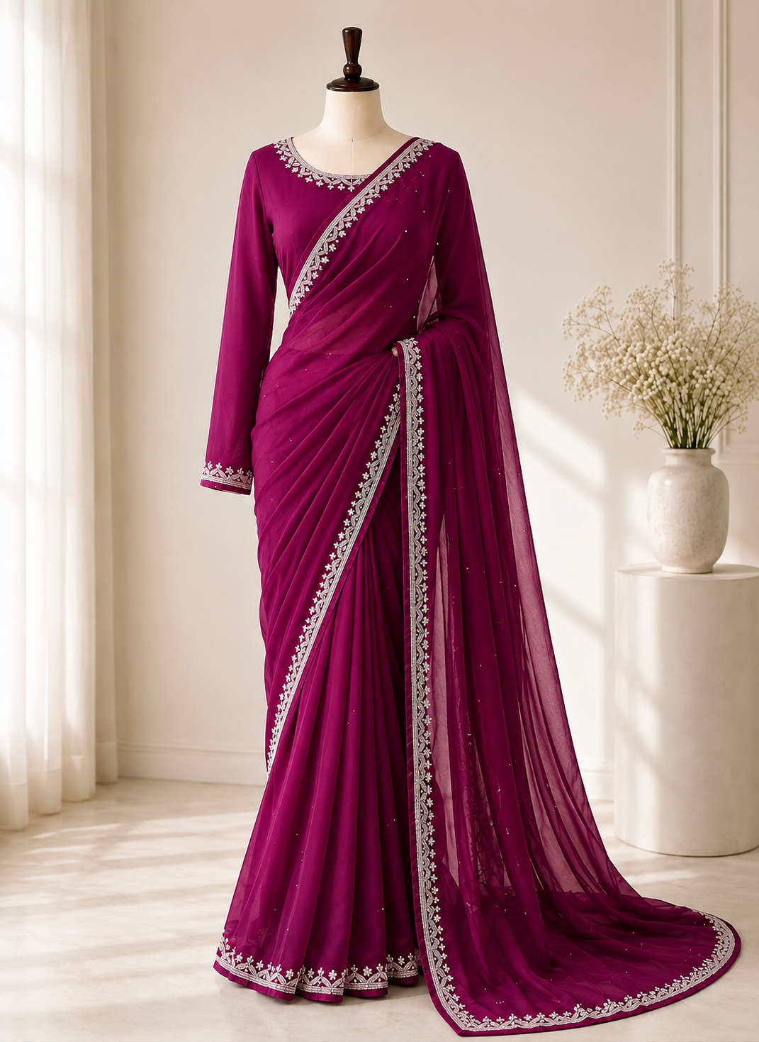 Sitara — Deep Berry Hand-Embellished Saree