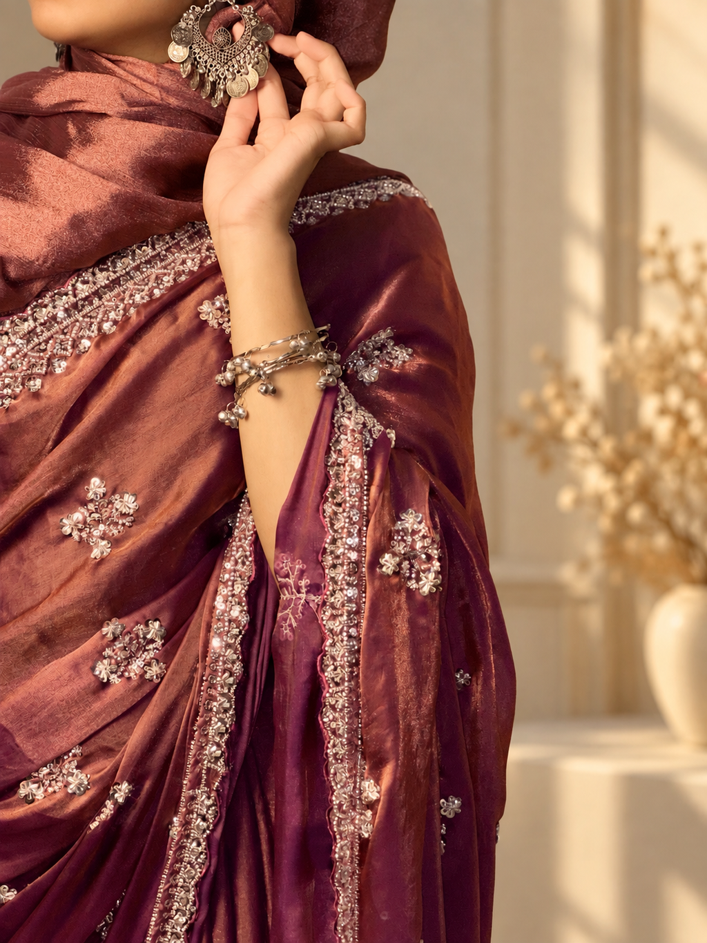 Noor — Rust Fandy silk Cut Dana embellishments