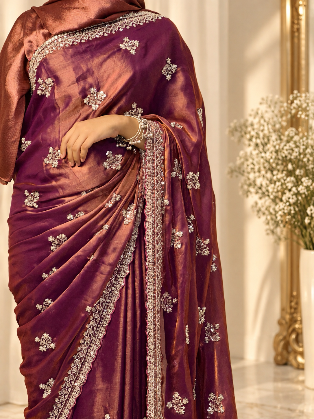 Noor — Rust Fandy silk Cut Dana embellishments